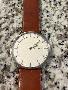 Skagen Silver Case Watch with White Dial and Brown Leather Strap